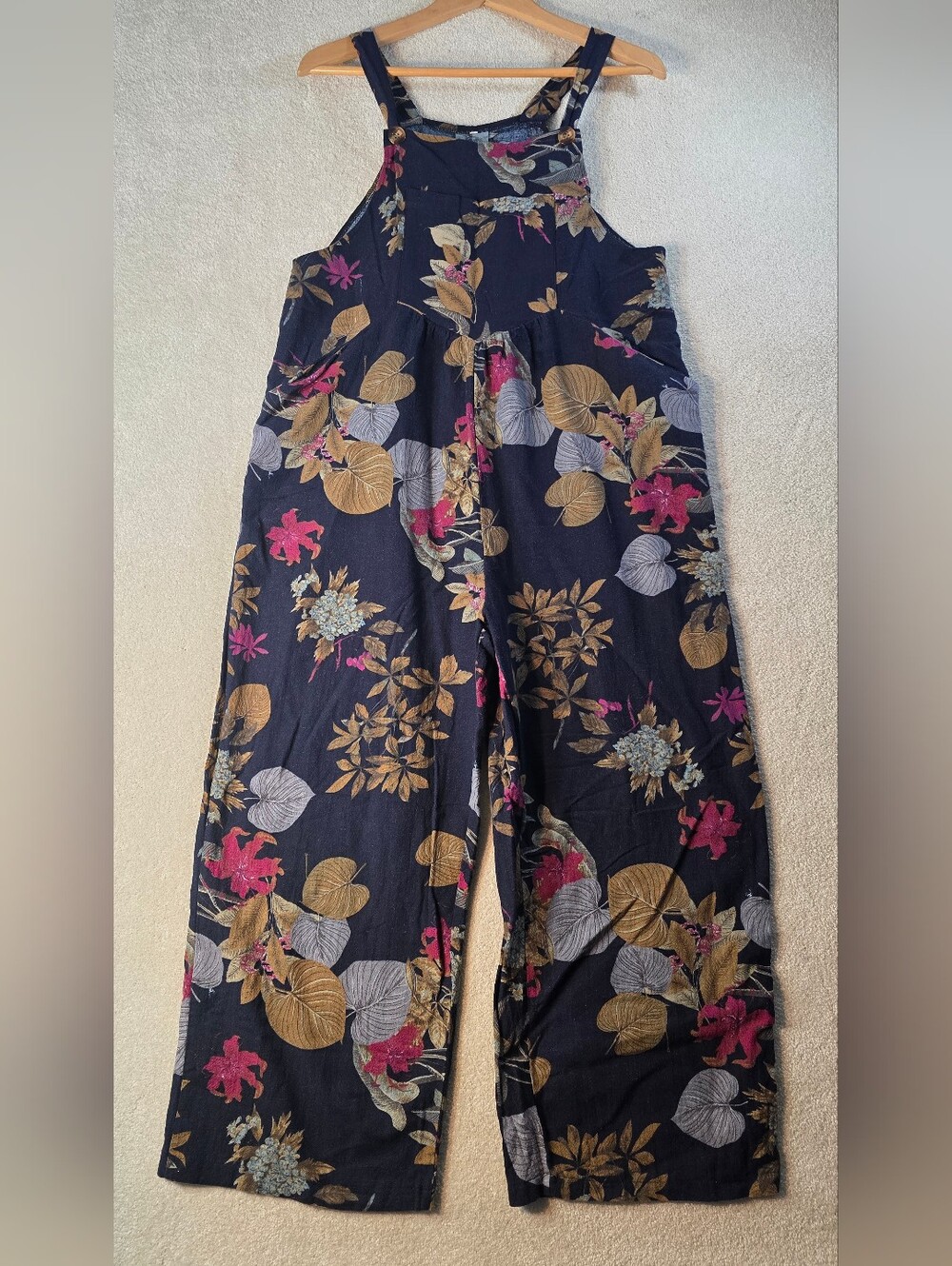 Floral Navy Jumper Overalls Boho Casual Hippie Earthy Farmers Market Size L